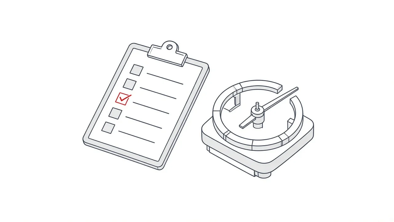 Illustration eines Klemmbretts mit Checkliste und einer Uhr