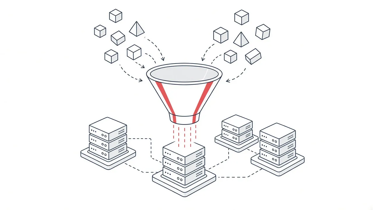 Isometrische Line-Art-Illustration eines Servers mit einem Trichter, der Datenanfragen reguliert