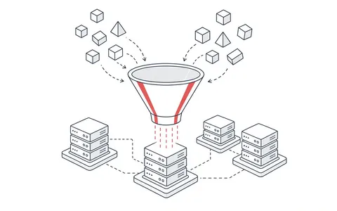 Isometrische Line-Art-Illustration eines Servers mit einem Trichter, der Datenanfragen reguliert