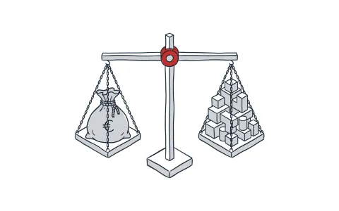 Illustration einer Waage, die Budget und flexible Software-Bausteine in Balance hält
