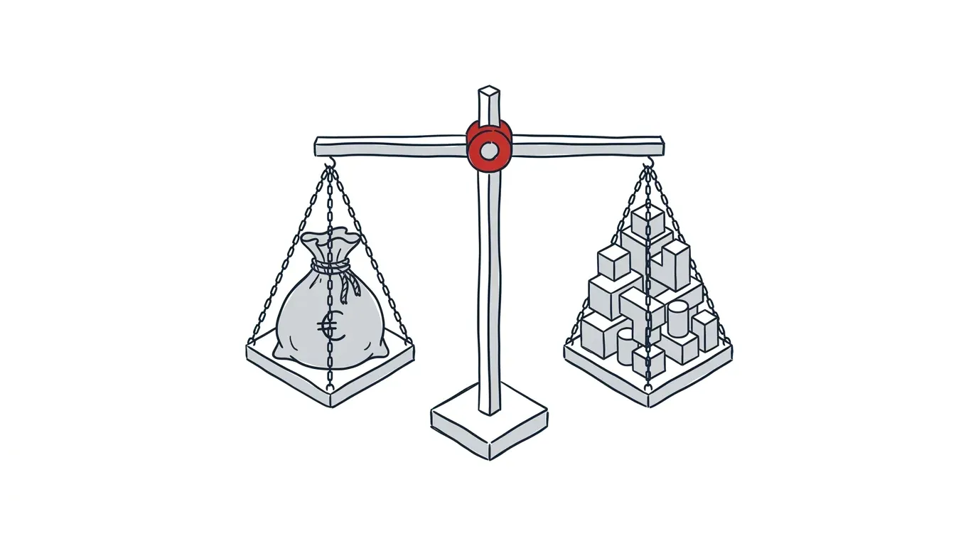 Illustration einer Waage, die Budget und flexible Software-Bausteine in Balance hält