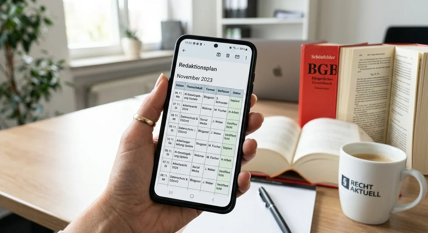 Smartphone mit digitalem Redaktionsplan vor einem Gesetzbuch