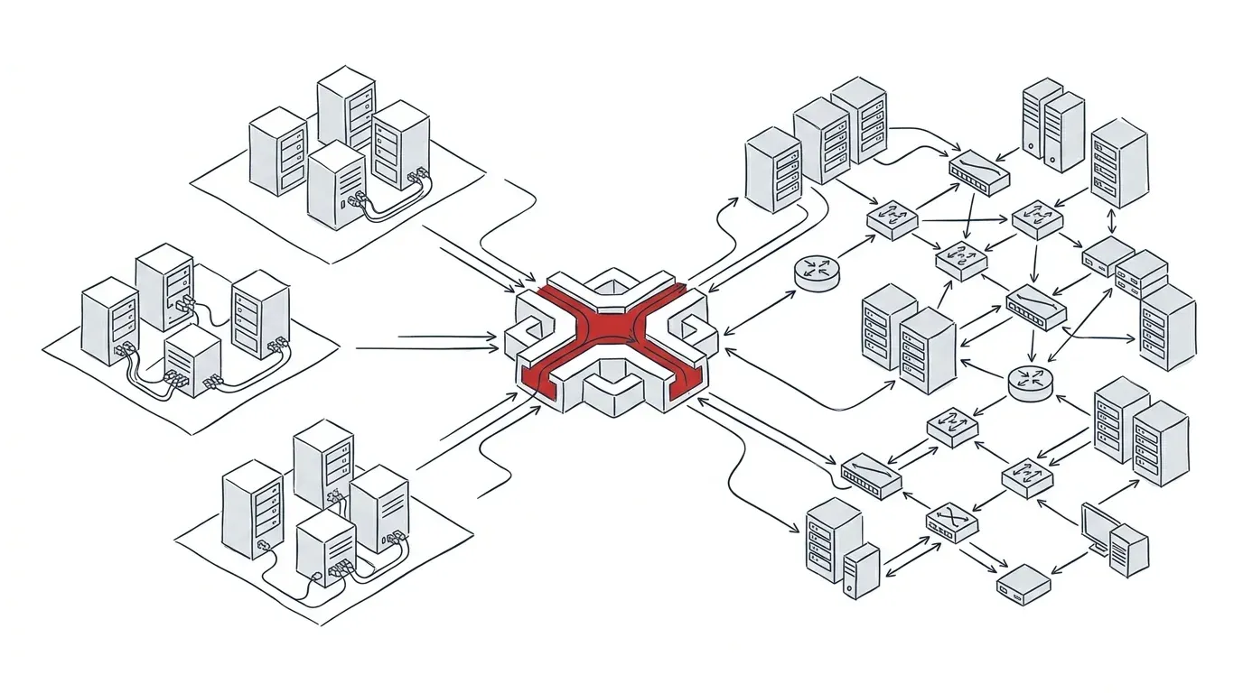 Skizze einer vernetzten IT-Architektur, die isolierte Systeme verbindet