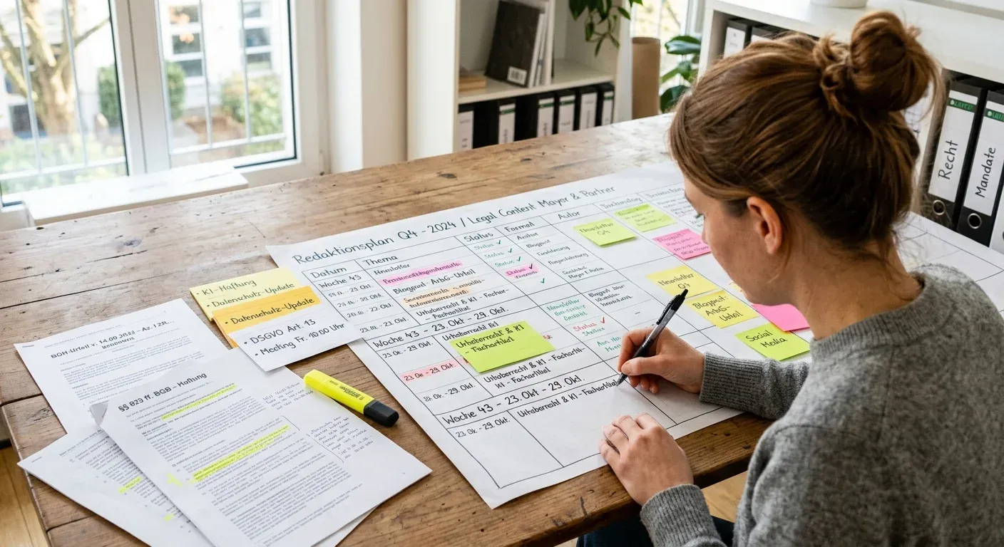 Redaktionsplanung für juristische Beiträge auf einem Schreibtisch