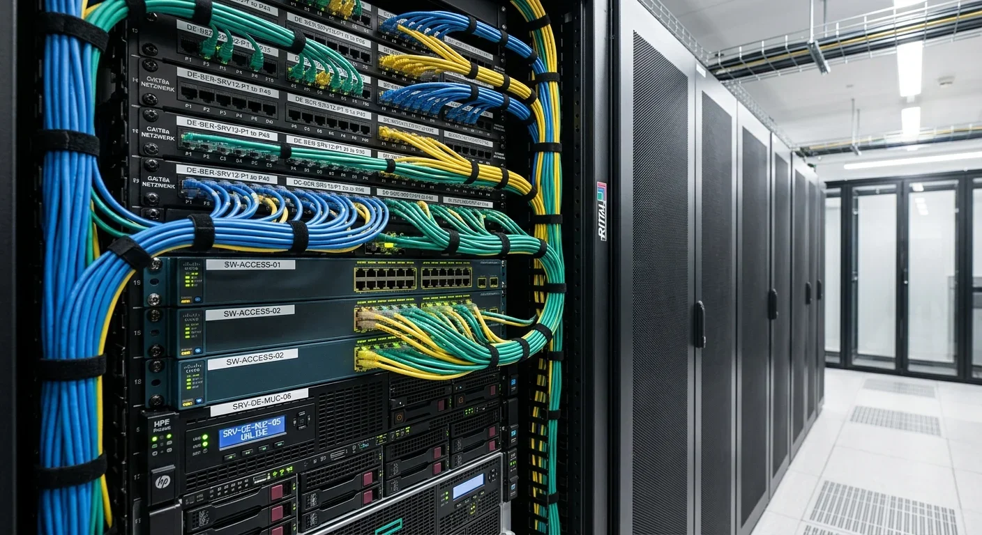 Server-Rack in einem modernen Rechenzentrum verdeutlicht hohe Datensicherheit