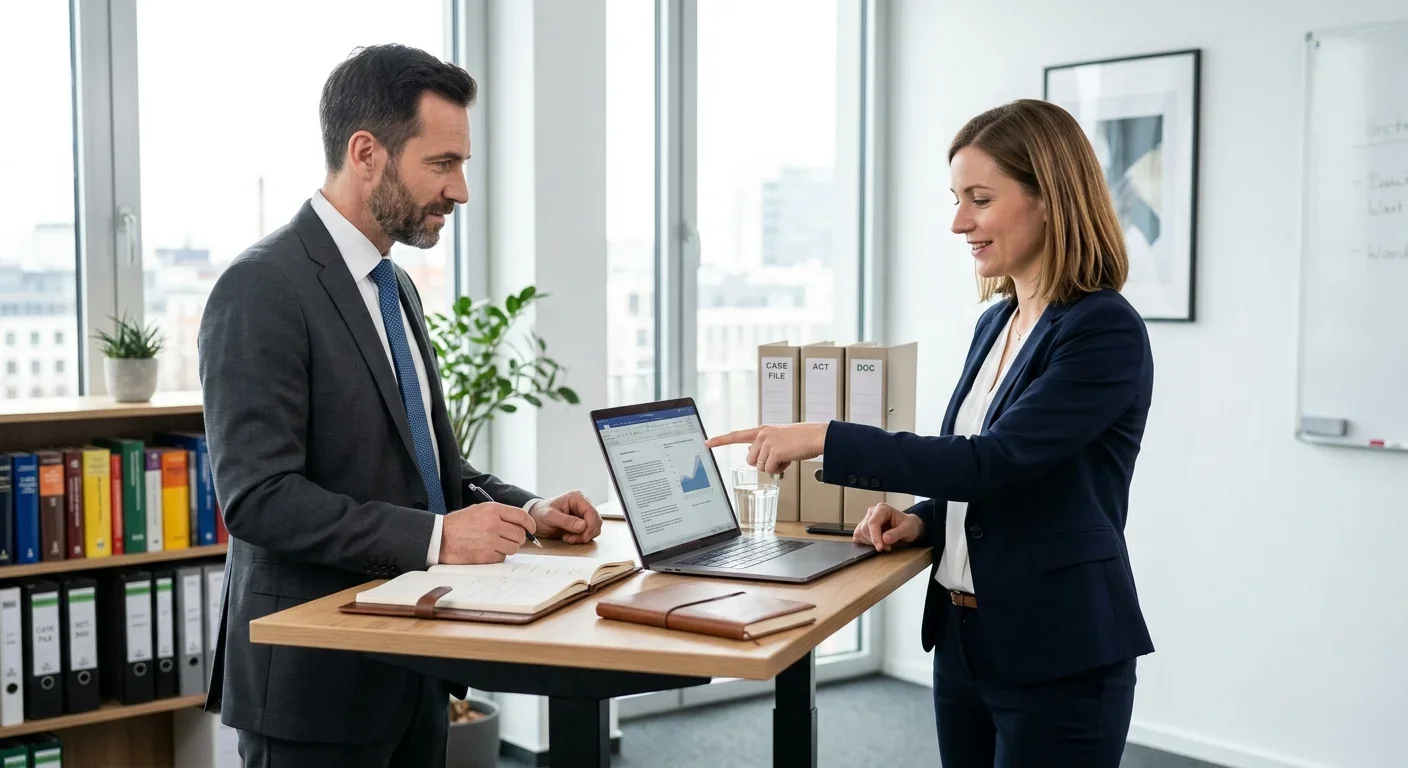Zwei Personen besprechen einen Social Media Entwurf am Laptop