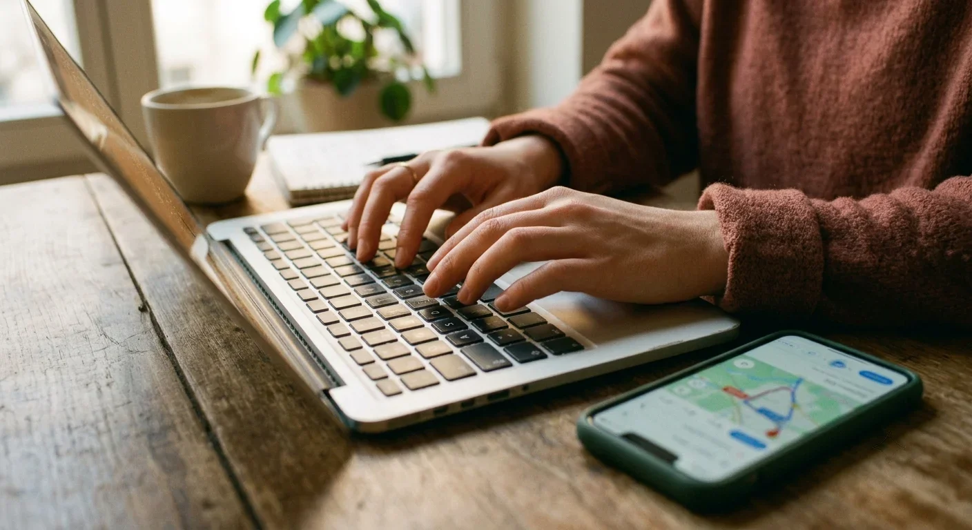 Hände tippen am Laptop neben einem Smartphone