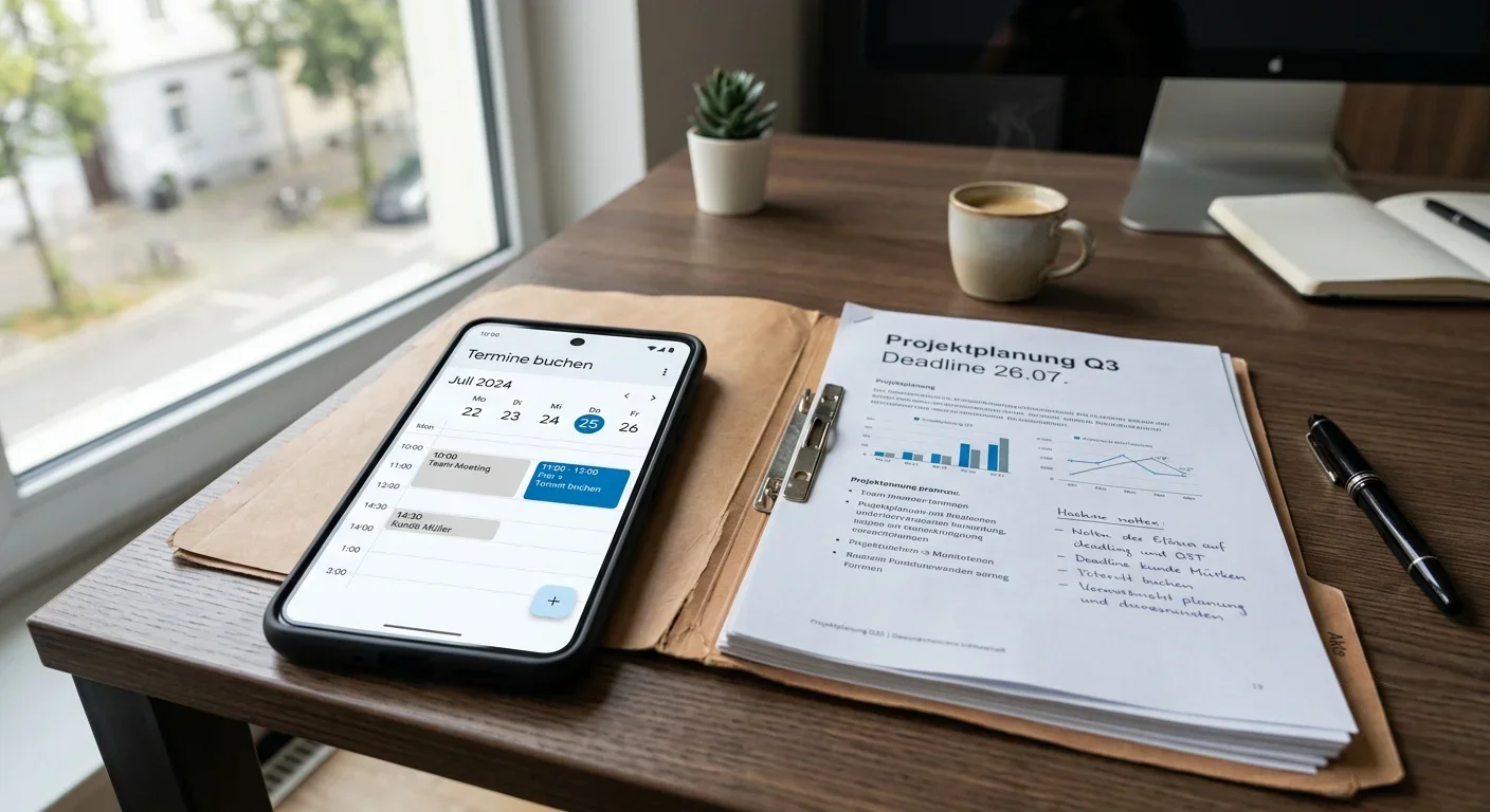 Smartphone mit Terminbuchung auf dem Kanzleischreibtisch