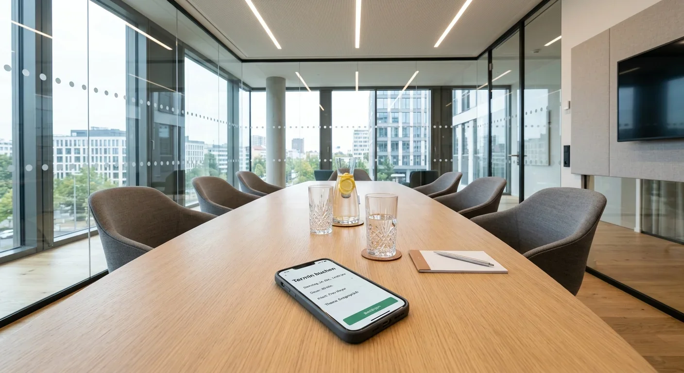 Smartphone mit Terminbuchungsfunktion auf einem Konferenztisch