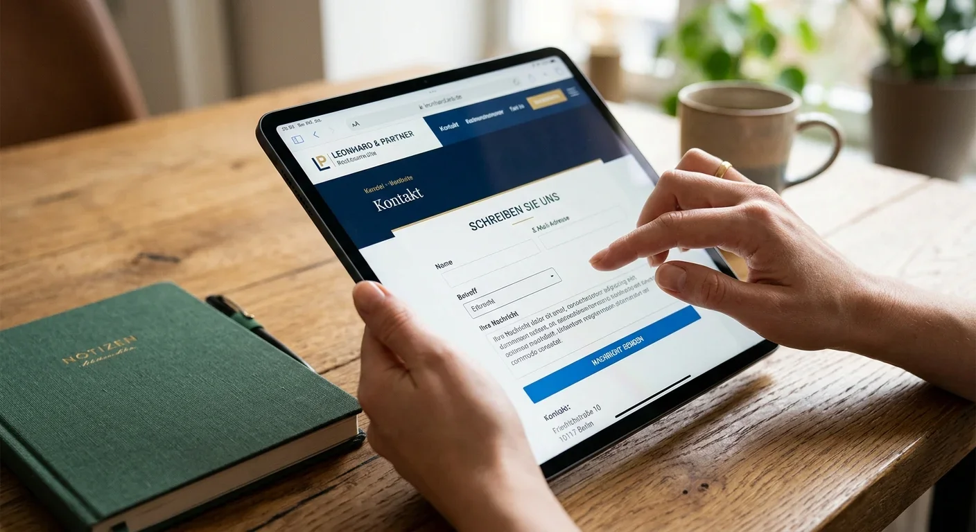 Hände bedienen ein Tablet mit einer aufgerufenen Website