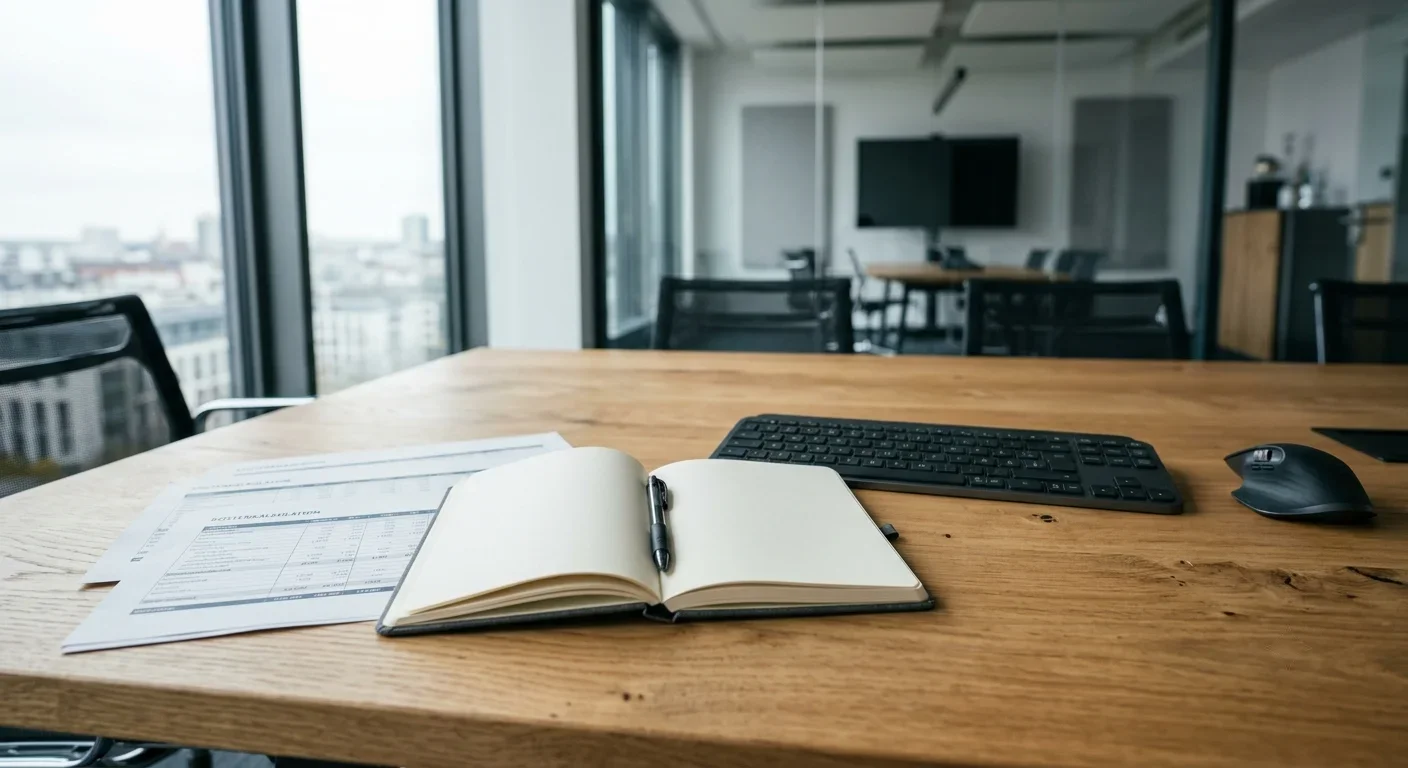 Notizbuch und Tabellen zur Kostenkalkulation auf einem Konferenztisch
