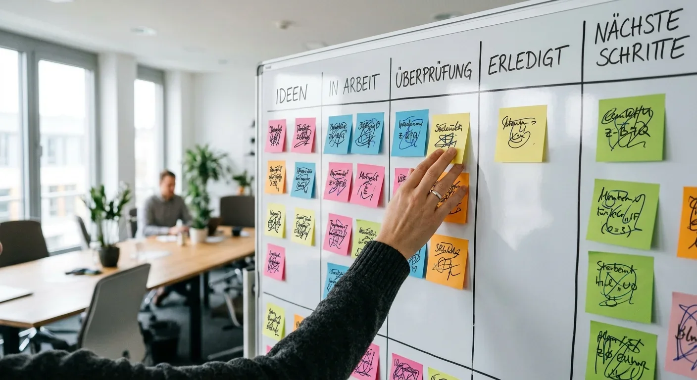 Systematische Kategorisierung von Themen auf einem Whiteboard mit Haftnotizen