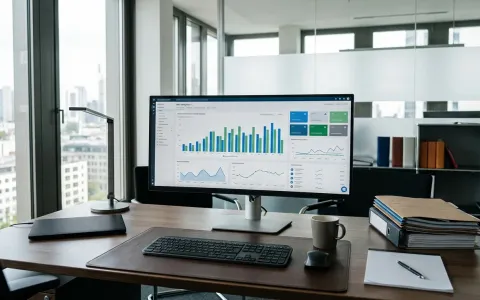 Balkendiagramme und Suchvolumen auf einem Monitor in einer Kanzlei