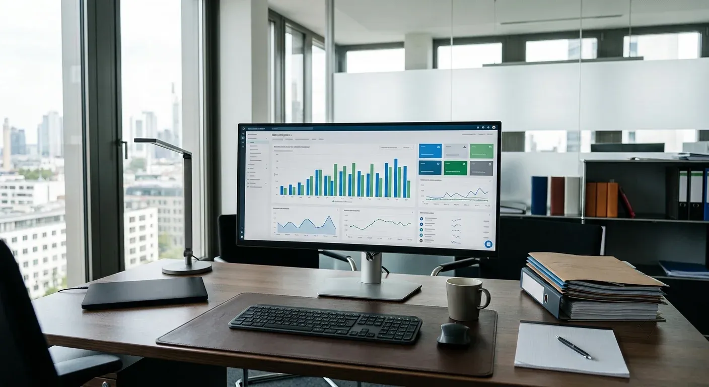 Balkendiagramme und Suchvolumen auf einem Monitor in einer Kanzlei