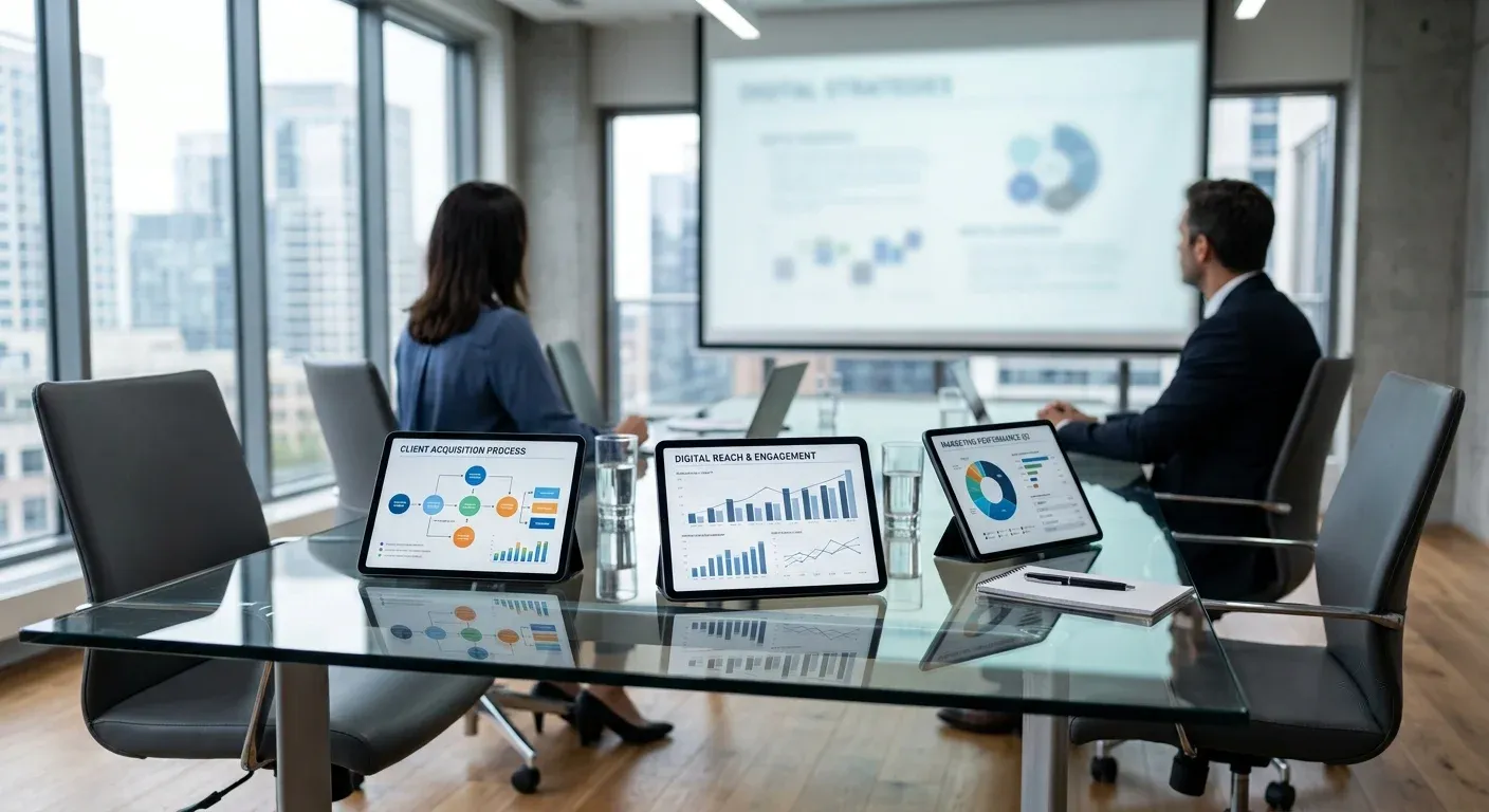 Tablets mit Marketing-Diagrammen in einem Kanzlei-Besprechungsraum