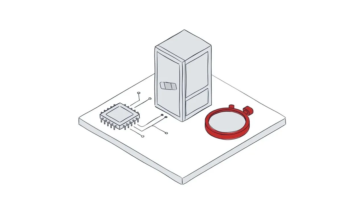 Skizze eines Serverschranks mit Pflaster auf einer Platte, links ein Computerchip mit Leiterbahnen, rechts eine liegende Stoppuhr mit rotem Rand