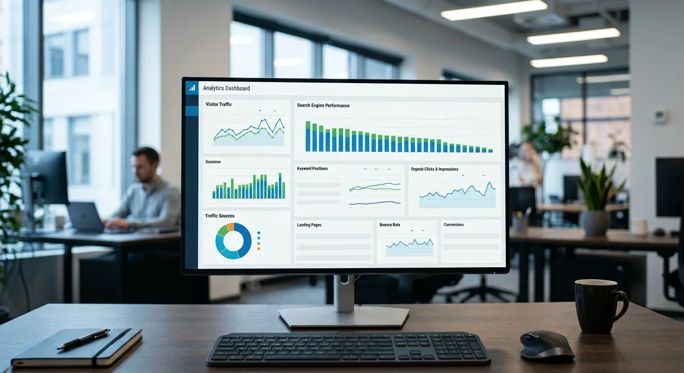 Monitor mit Analytics-Dashboard für Kanzlei-Marketing