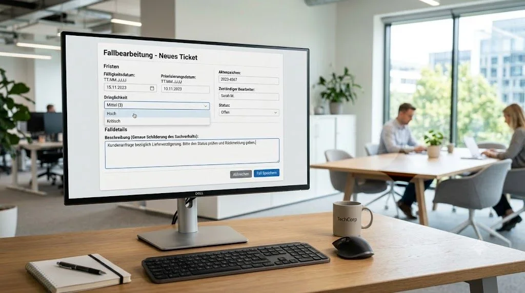 Digitales Webformular mit Feldern für Falldetails auf einem Monitor