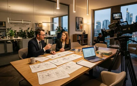Filmkamera und Storyboard auf einem Tisch in einer Kanzlei