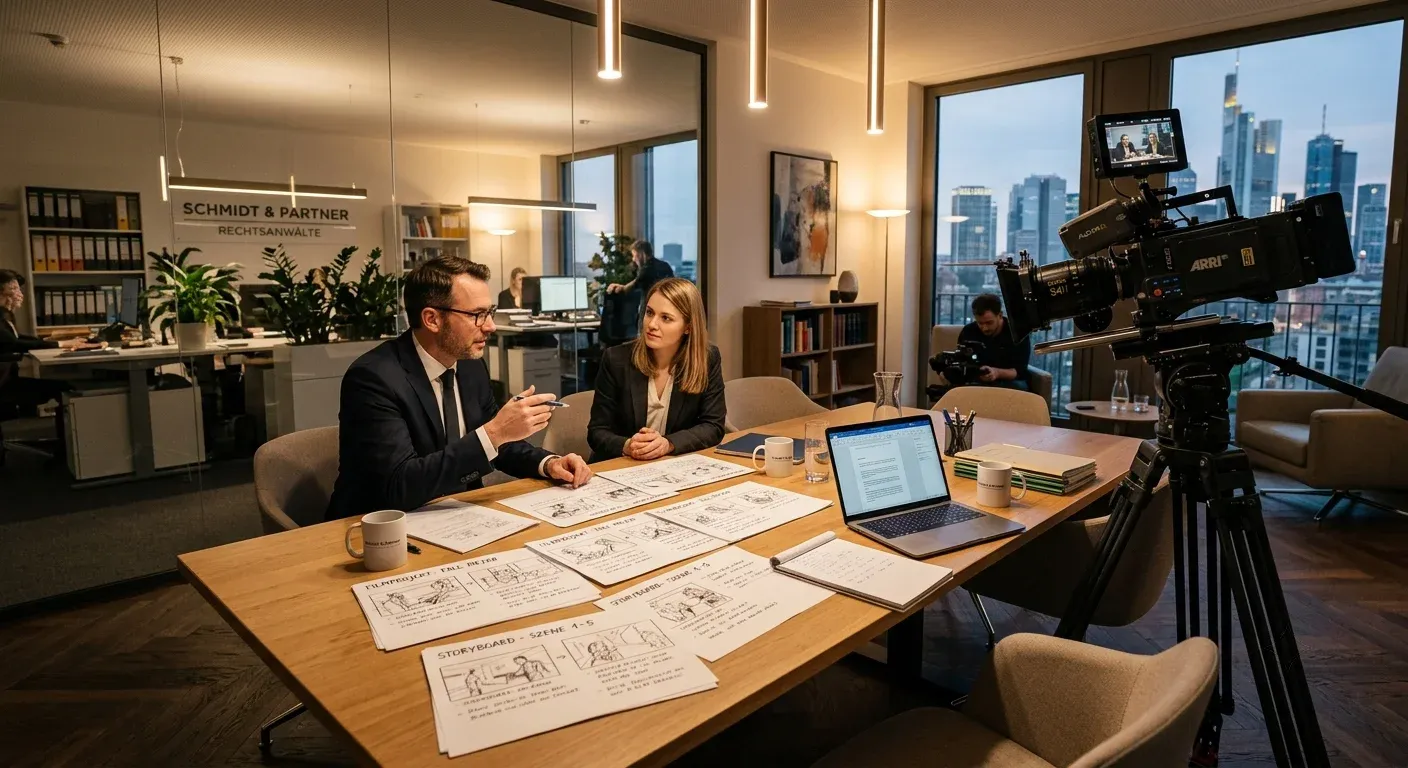 Filmkamera und Storyboard auf einem Tisch in einer Kanzlei