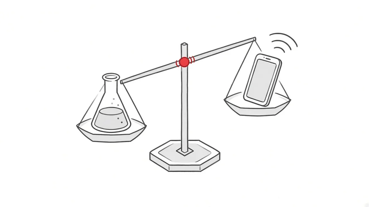 Waage mit Laborflasche und Smartphone