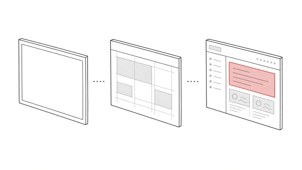 Schematische Darstellung des schrittweisen Seitenaufbaus im Browser
