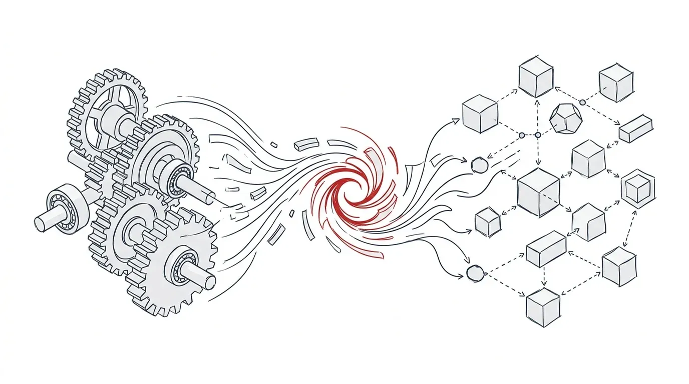 Illustration eines alten Getriebes, das in ein modernes Netzwerk übergeht