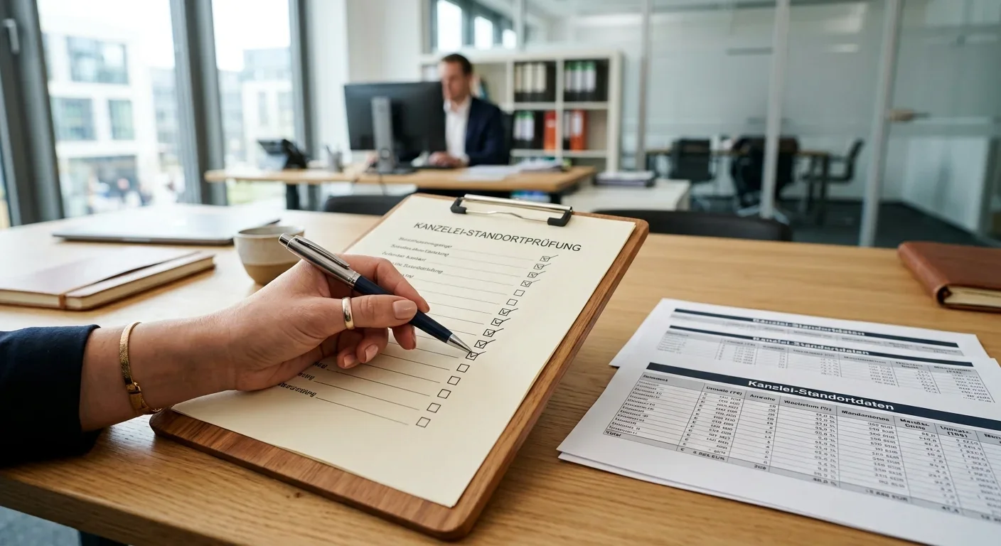 Hand hakt Checkliste mit Kanzlei-Standortdaten ab
