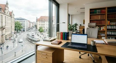 Blick in eine moderne Kanzlei mit Laptop und Fachbüchern