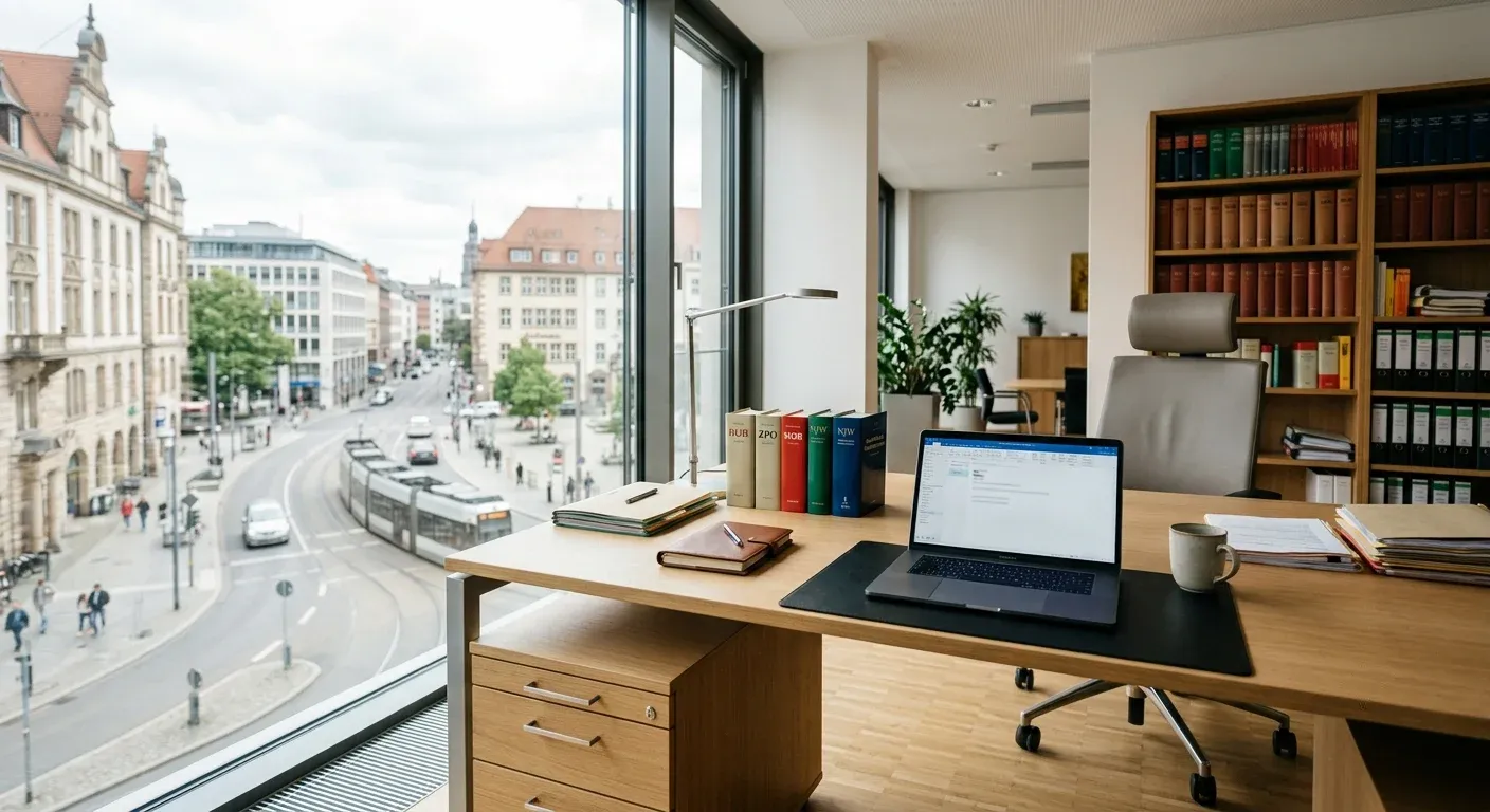 Blick in eine moderne Kanzlei mit Laptop und Fachbüchern