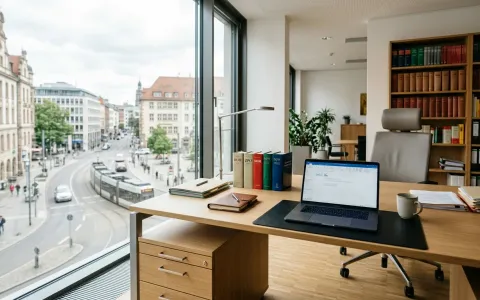 Blick in eine moderne Kanzlei mit Laptop und Fachbüchern