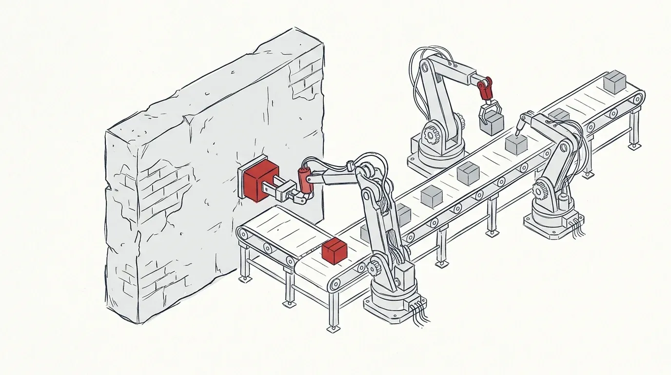 Illustration eines automatisierten Fließbands, das an eine Wand stößt