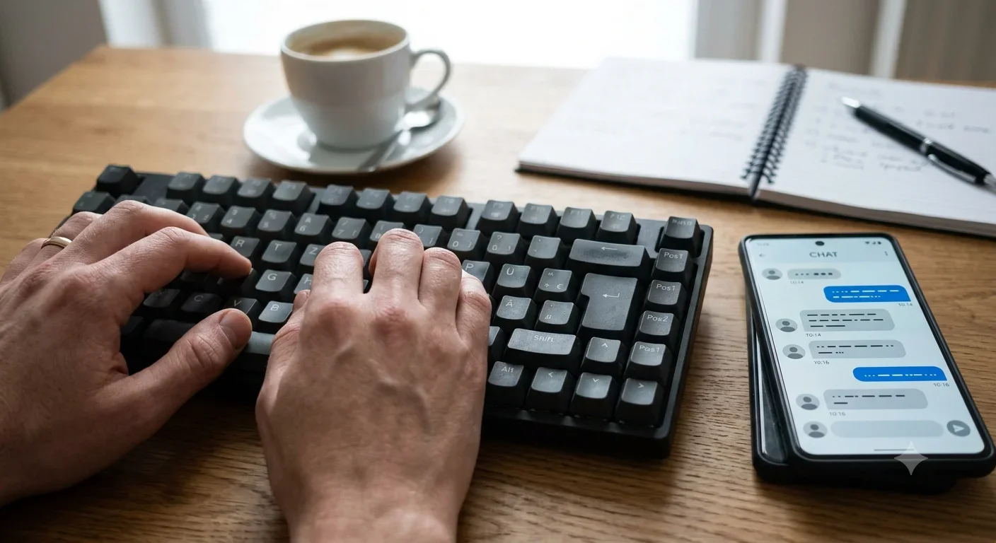 Smartphone mit Chatverlauf neben einer Tastatur