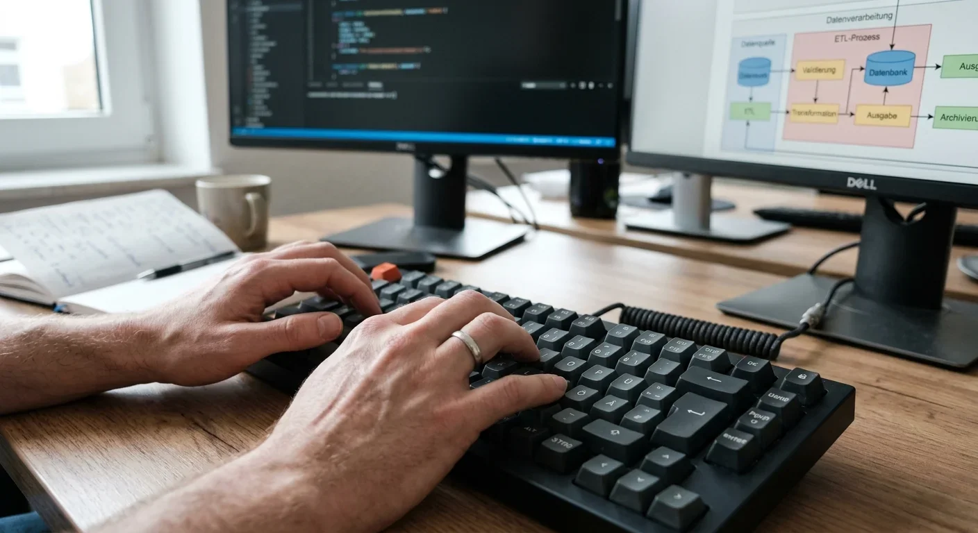 Hände tippen auf einer Computertastatur mit Fokus auf Datenverarbeitungsprozesse