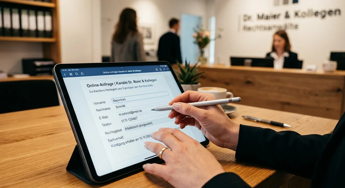 Digitale Mandatsaufnahme in der Praxis Mandant füllt digitales Formular auf dem Tablet aus