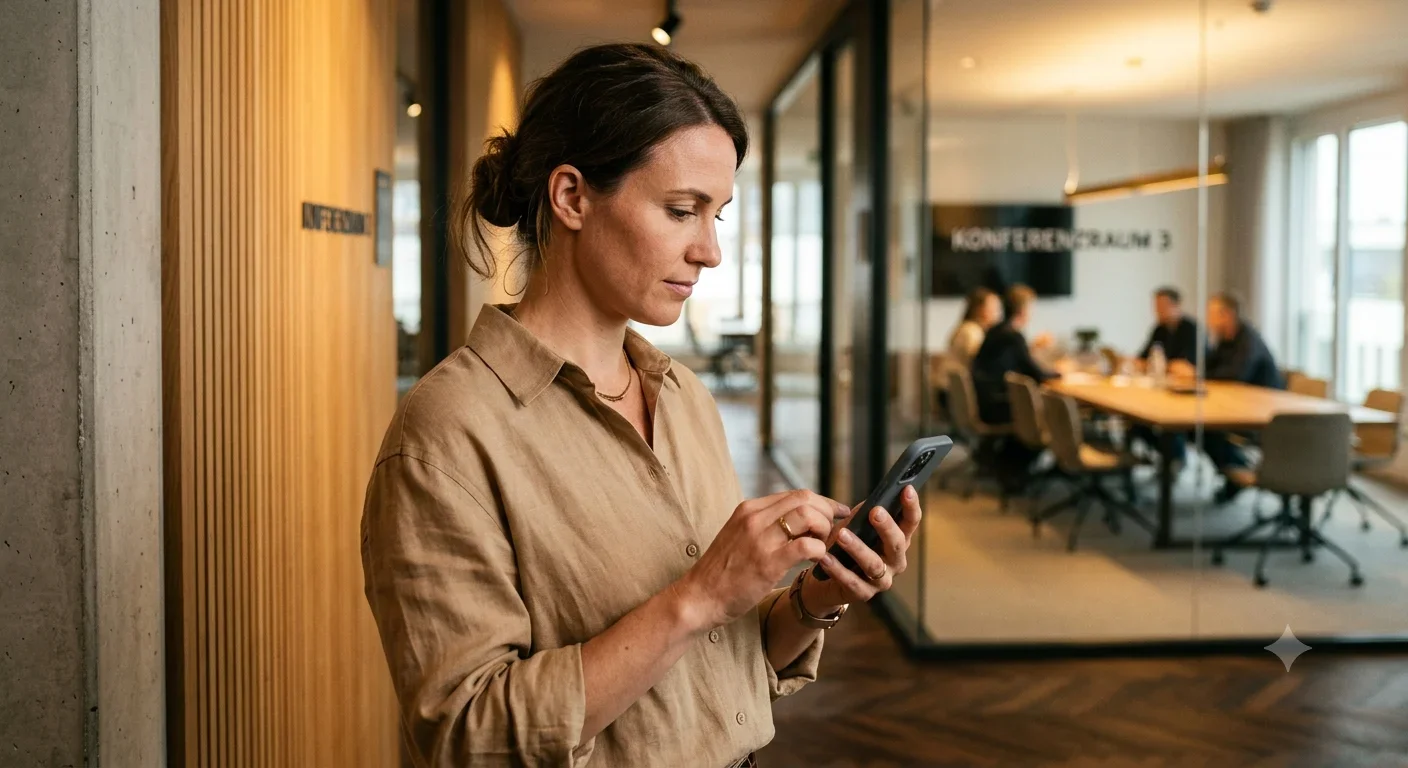 Mitarbeiter verfasst einen Beitrag auf dem Smartphone