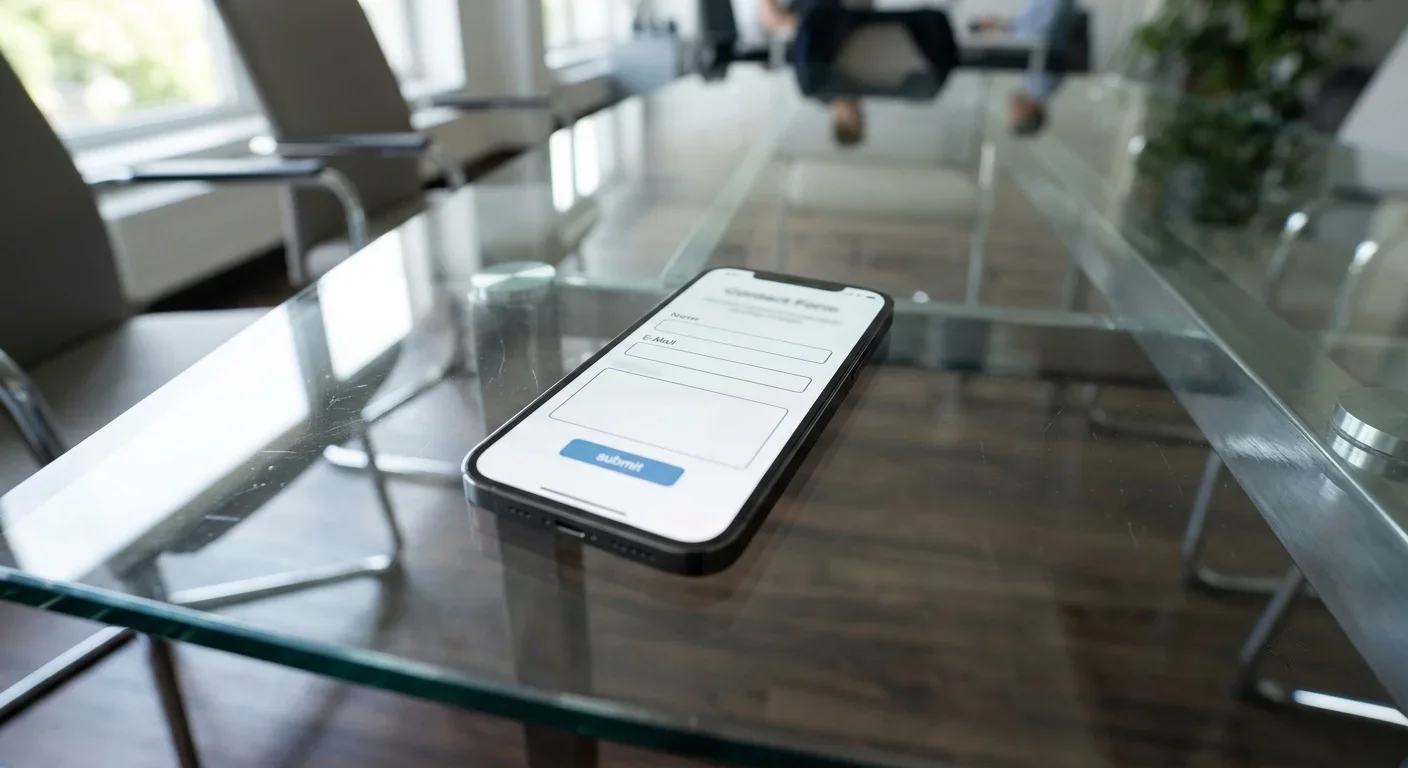 Smartphone mit optimiertem Kontaktformular auf einem Glastisch