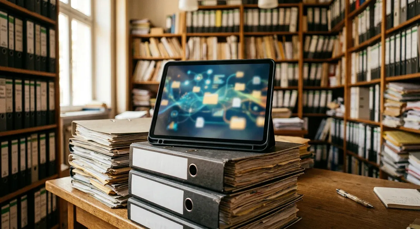 Tablet auf Aktenordnern als Symbol für die Digitalisierung der Kanzlei