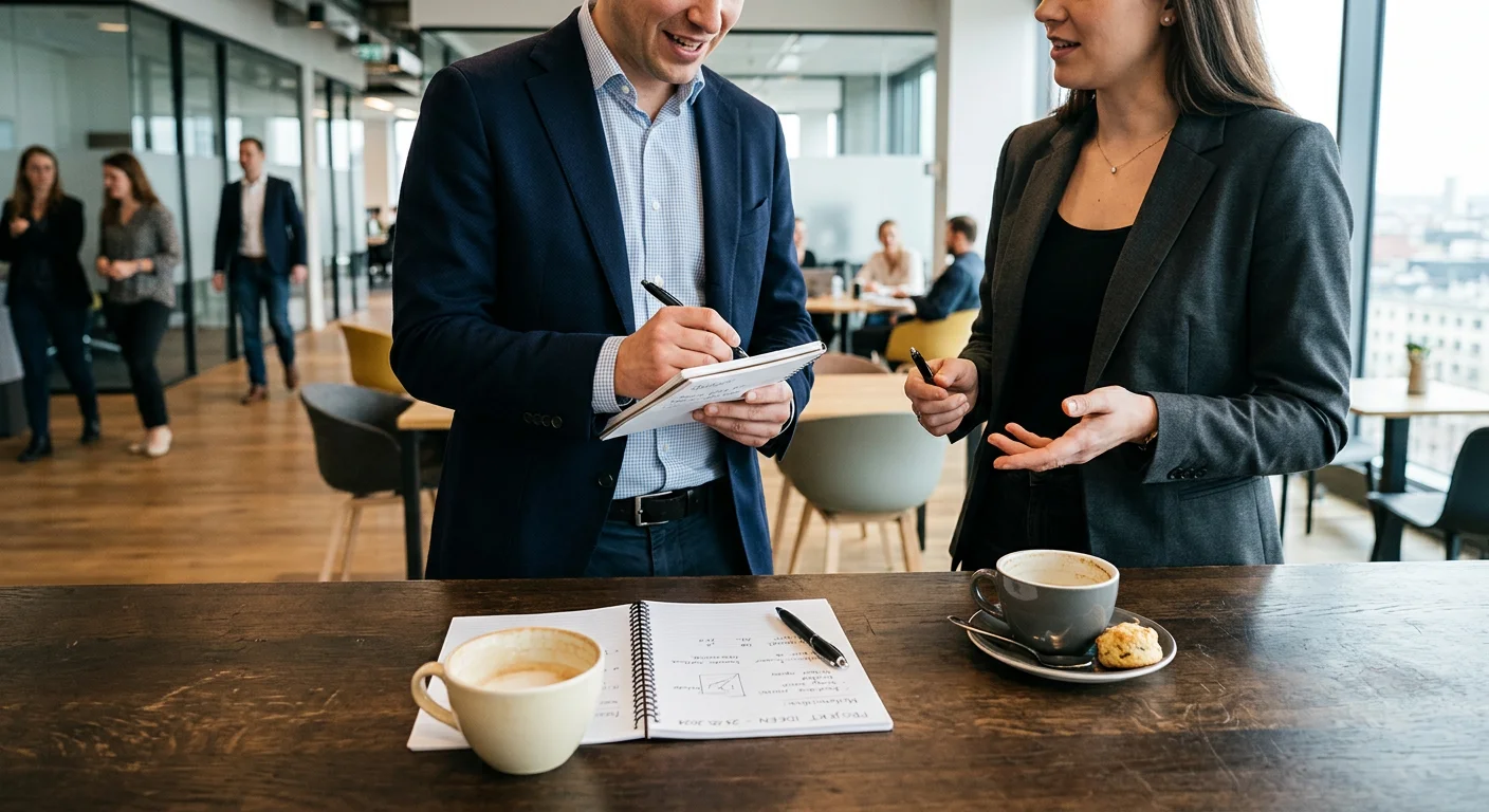 Zwei Personen im Business-Outfit im Gespräch an einem Stehtisch