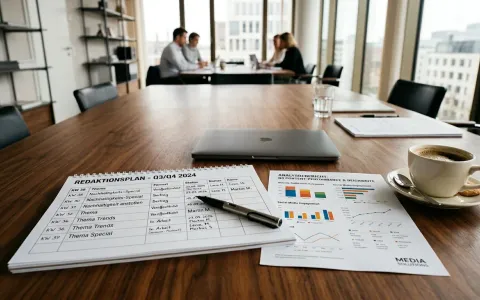 Strategische Planung von redaktionellen Inhalten auf einem Konferenztisch