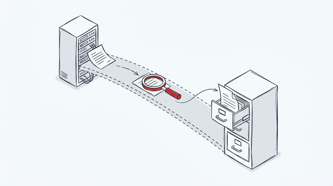 Illustration einer Datenübertragung mit einer Lupe zur Prüfung