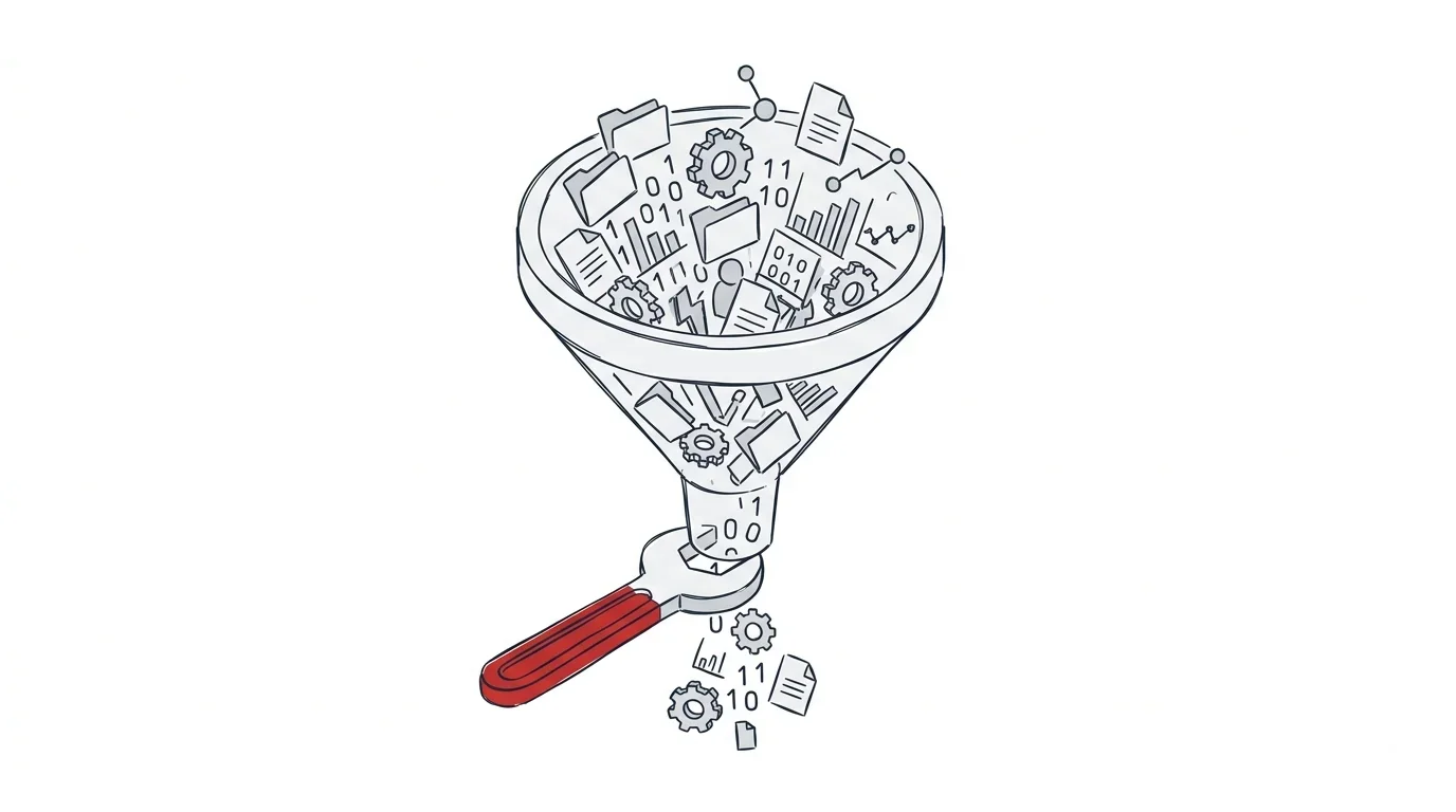 Isometrische Illustration eines Trichters mit Datenblockade und einem Schraubenschlüssel