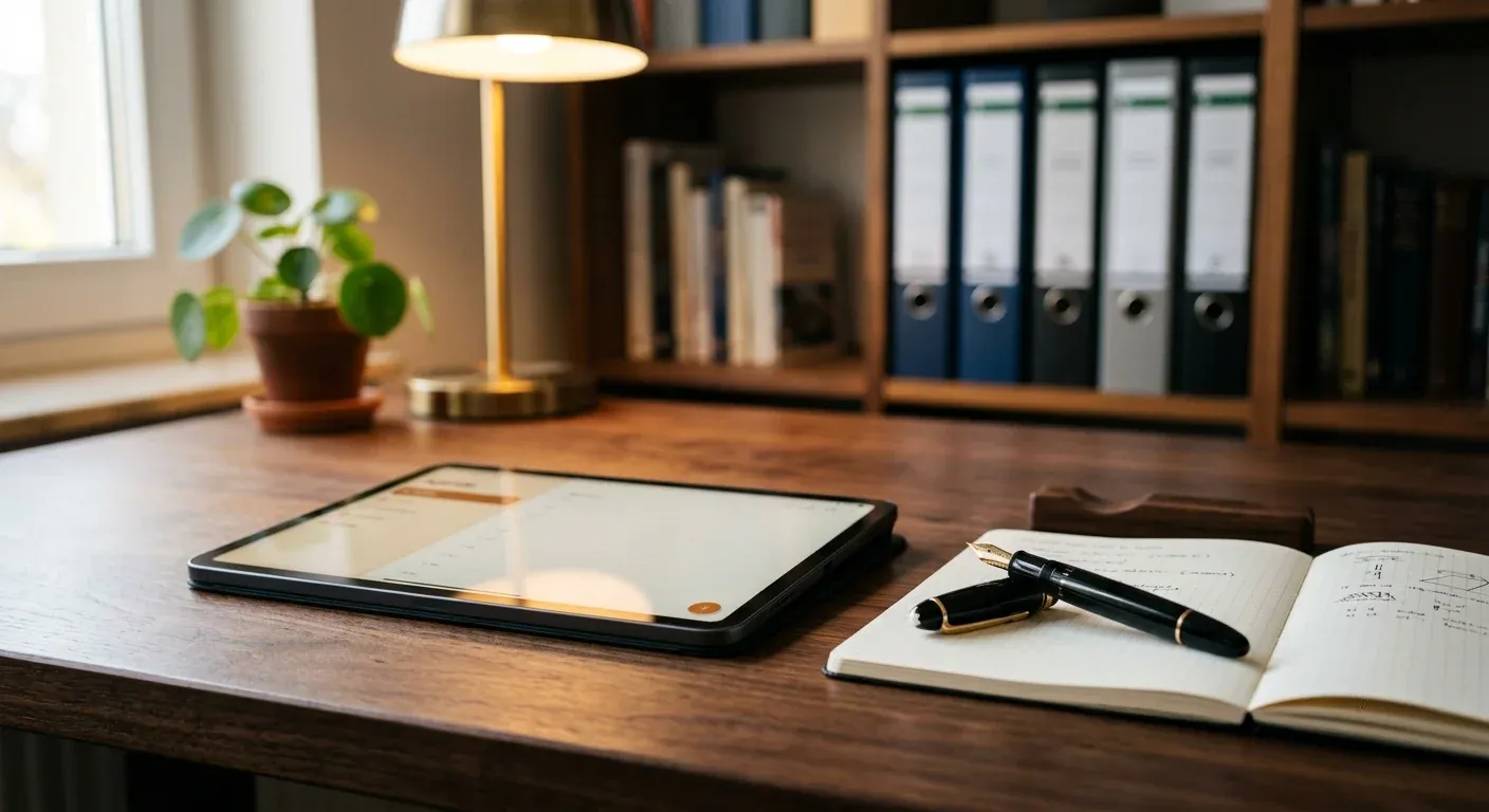 Tablet und Füller auf einem Schreibtisch