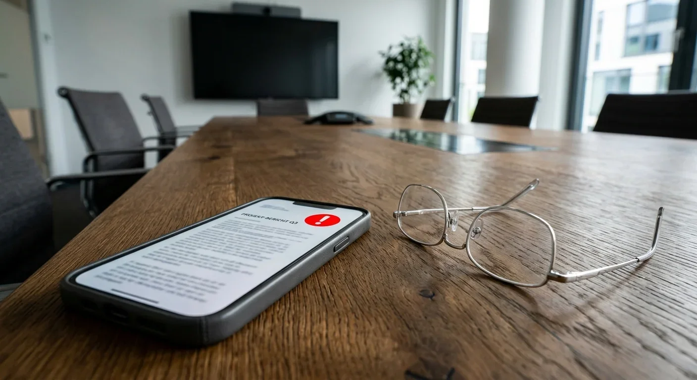 Smartphone mit Warnhinweis auf Besprechungstisch