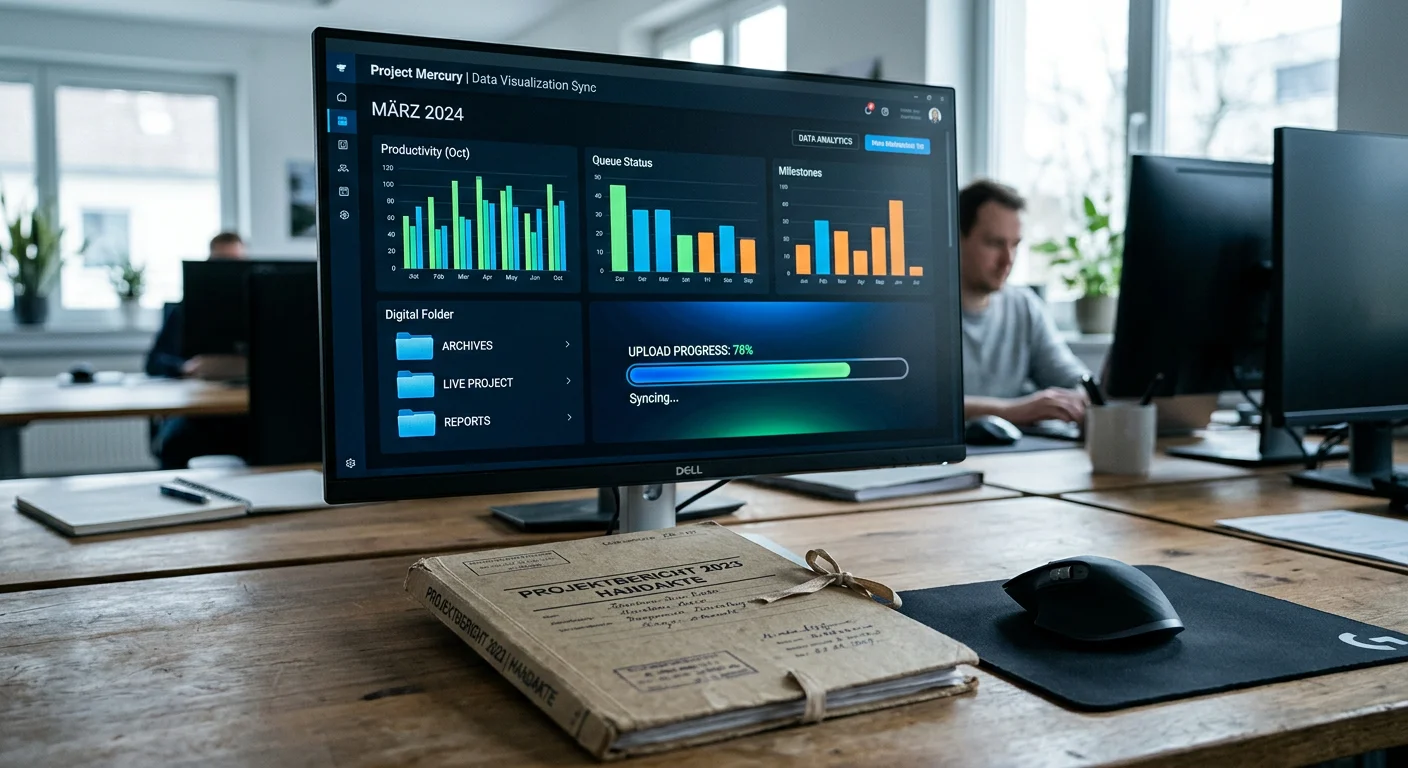 Kontrast zwischen einer traditionellen physischen Akte und einer digitalen Software-Oberfläche