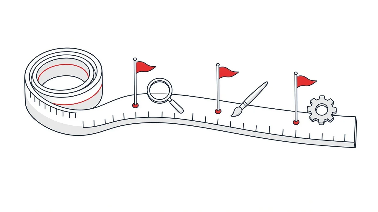 Illustration einer Zeitachse mit verschiedenen Werkzeugen für die Projektphasen