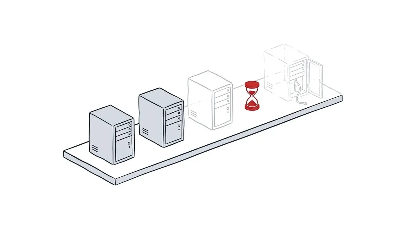 Illustration von vier Servermodulen auf einer Zeitachse mit einer roten Sanduhr vor dem letzten, verblassten Modul