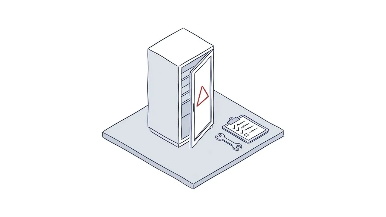 Skizze eines Serverschranks mit geöffneter Tür und rotem Warndreieck, daneben ein Klemmbrett mit Checkliste und ein Schraubenschlüssel