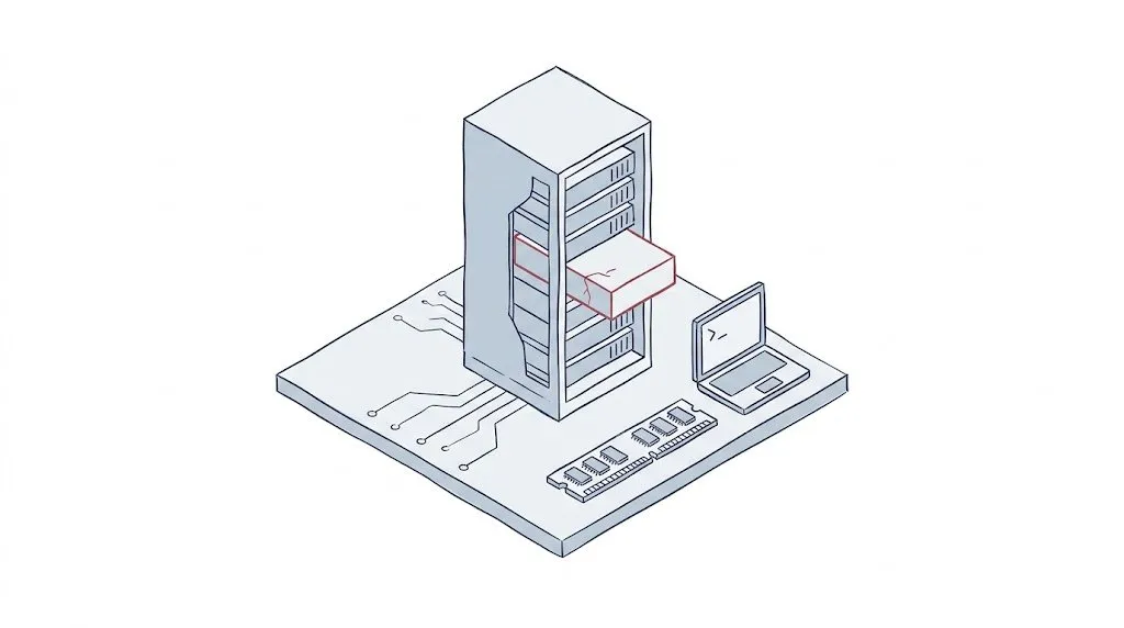 Skizze eines Serverschranks mit einem halb herausgezogenen, rot umrandeten Speicherblock mit Riss, daneben ein RAM-Modul und ein Laptop mit Terminalfenster