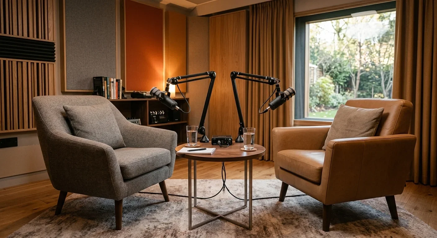 Interview-Setup mit zwei Mikrofonen und Sesseln